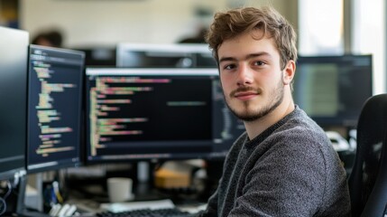 A young male software engineer is seated at his desk in an office environment, engaging with code on multiple computer screens, illustrating a modern tech workspace.