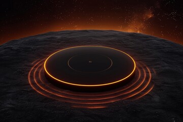 Fototapeta premium A glowing circular object rests on a dark, textured surface with radiant orange rings, set against a cosmic background.