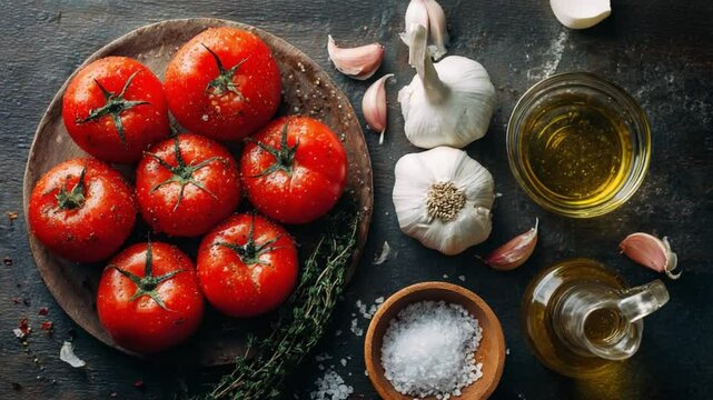 Roasted Tomatoes with Garlic and Herbs: A rustic arrangement of ripe, roasted tomatoes, garlic cloves, fresh thyme, olive oil, and sea salt on a dark wooden surface.