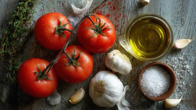 Tomatoes, Garlic, and Herbs: An overhead perspective on a rustic tabletop presents a vibrant composition of garden-fresh tomatoes, aromatic garlic cloves, fresh herbs, and olive oil.