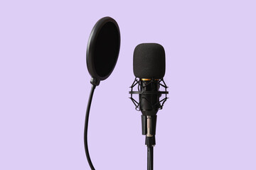 Stand with professional microphone on light background