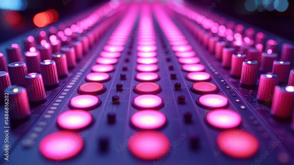 Poster rows of illuminated audio controls. focus on numerous knobs and illuminated buttons