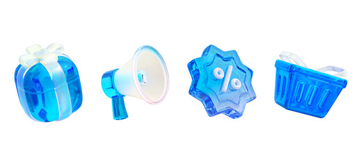Blue glass material shopping 3D Icon Set