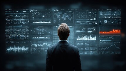 Businessman observing complex data visualizations on multiple interactive displays