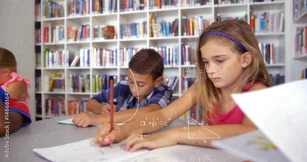 Poster children sitting at school library table, writing with pencils while showing floating math formulas