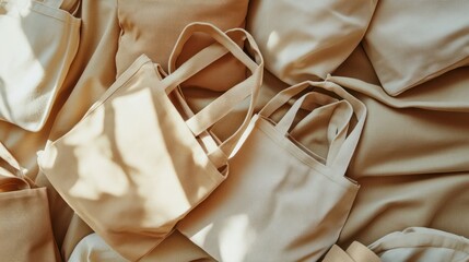 Beige tote bags on soft fabric sustainable shopping concept