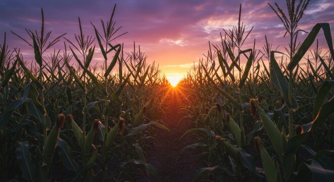 Golden hour casting warm light over an extensive cultivated cornfield landscape