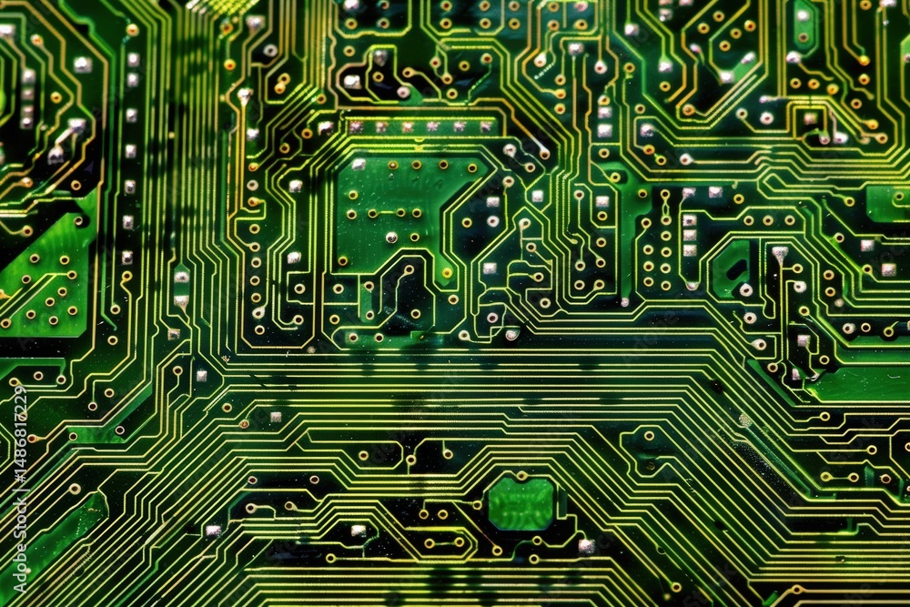 Poster close-up image of a green printed circuit board with intricate gold pathways and electronic traces.