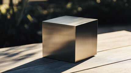 Reflective metal cube on wooden surface sunlight shadow