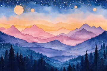 Watercolor mountain landscape under a starry night sky with planets