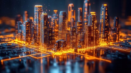 Futuristic Cityscape: A Digital Metropolis Glowing at Night