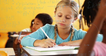 girl student writing math assignment in classroom, with animated graphs floating around - Powered by Adobe