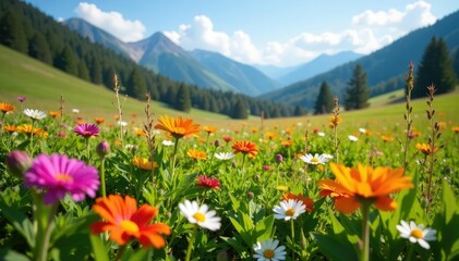 Obraz premium Vibrant wildflowers bloom in a lush Colorado Springs meadow, bathed in sunlight , flora, blue sky