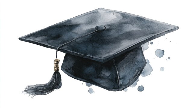 A beautiful watercolor depiction of a single black graduation cap, featuring fluid brushwork and a refined aesthetic, ideal for themes of education and success. High quality