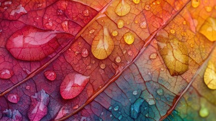 Fototapeta premium Vibrant multicolored leaf surface with water droplets.