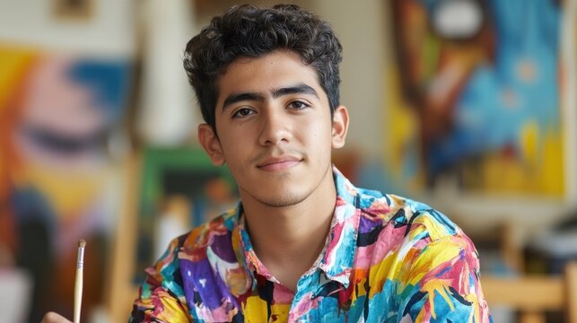 A young Latino male artist poses confidently in a colorful shirt, surrounded by vibrant artwork in a studio. His focus and creativity shine through in this engaging portrait.