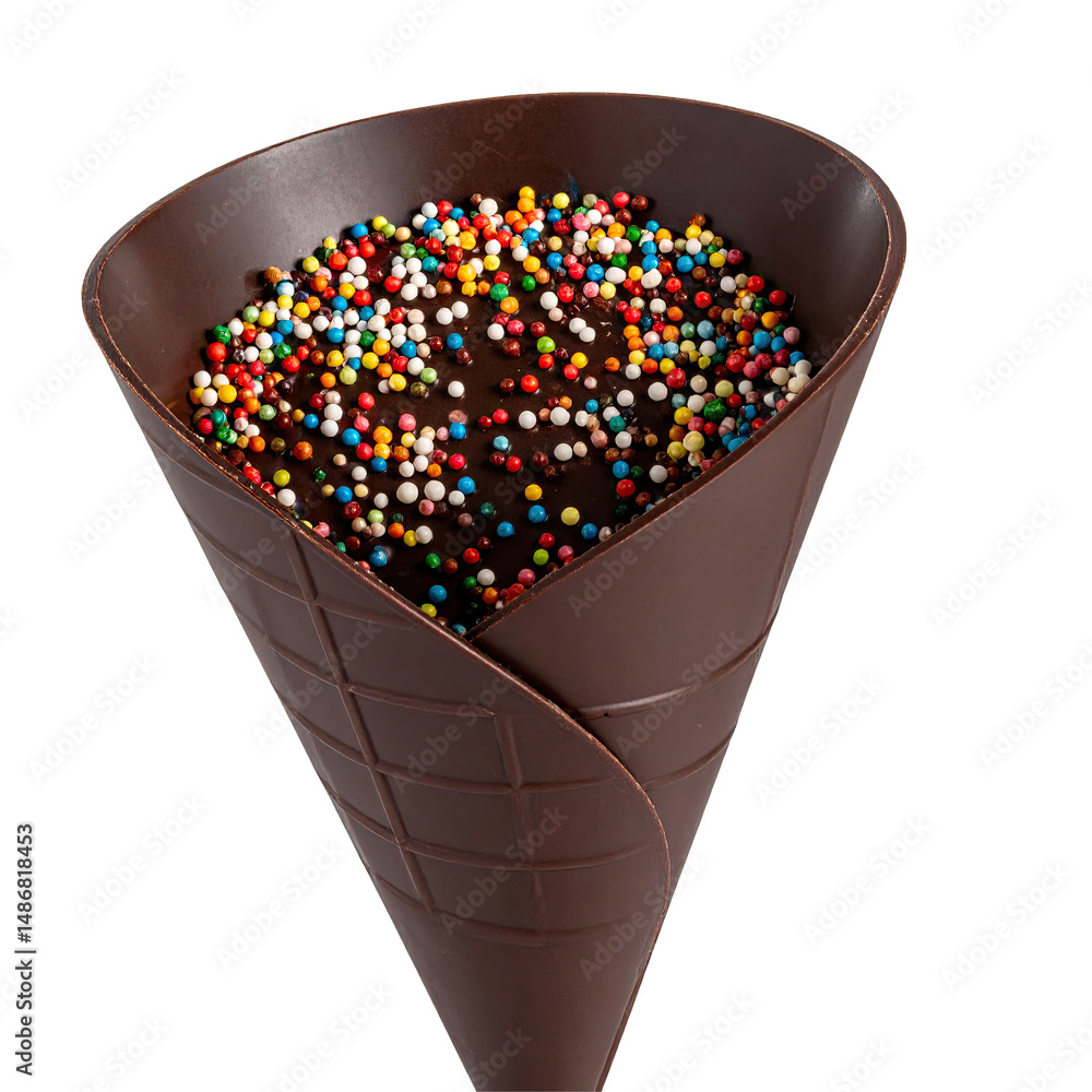 Poster chocolate cone filled with colorful sprinkles on transparent background. brown cone design with a te