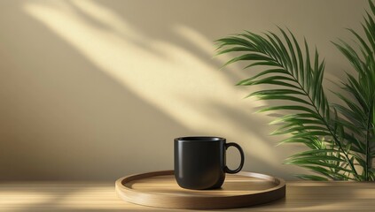 Empty dark mug on wooden tray, sunlight & palm