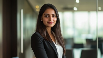 A confident young Indian woman in her thirties poses in a modern office. She exudes professionalism and warmth, embodying a successful business persona.