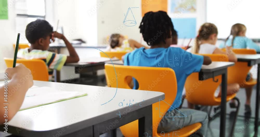 Aufkleber school-age boy solving geometry in classroom with animated diagrams overlaying desks and walls
