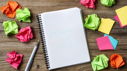 Colorful crumpled paper and sticky notes with blank notebook and pen