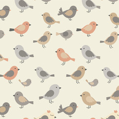 This is a cartoonish, flat, repeating pattern of different birds in varying colors on a cream background.