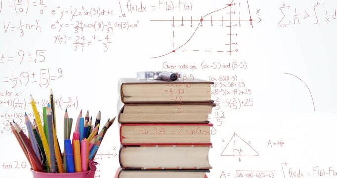 Flat design showing book stack holding stethoscope on top with pink pencil cup and red equations
