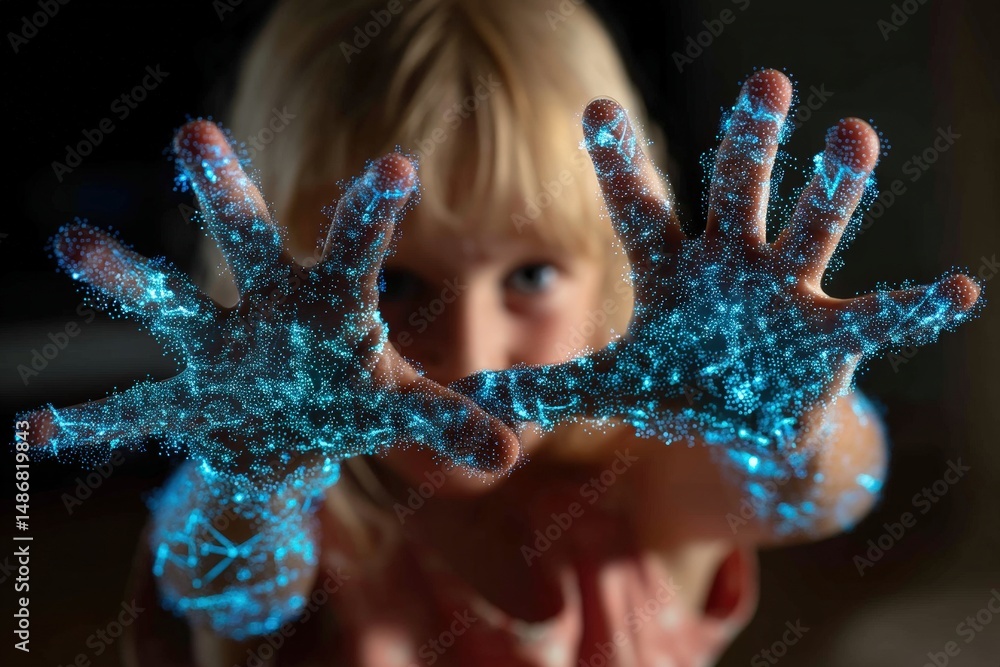 Poster a child reaches forward with hands covered in glowing digital particles, symbolizing human interacti