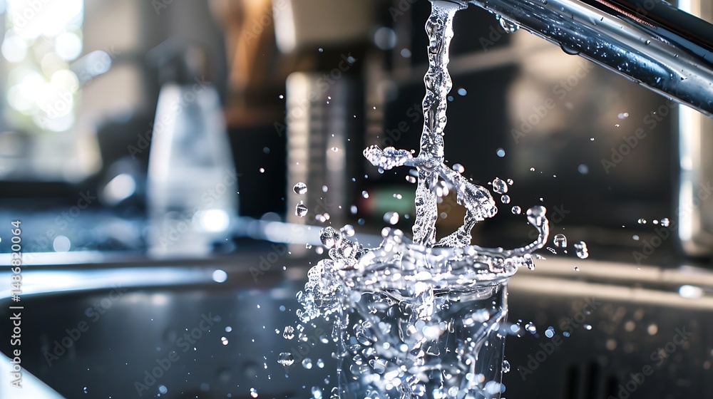 Poster water pouring from faucet into sink creating a splash in a kitchen setting