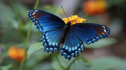 Fototapeta premium Bright blue butterfly perched delicately on vibrant orange flower with lush green foliage in the background, showcasing nature's intricate beauty and color contrast