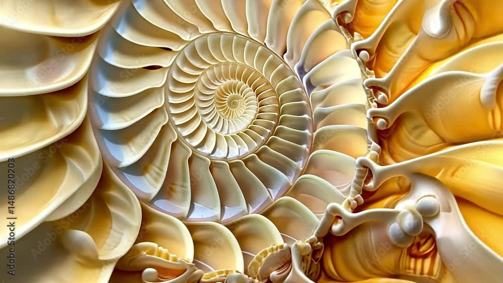 Poster close up of nautilus shell exploring intricate spiral patterns, smooth textures, and warm tones in n