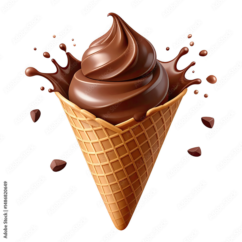 Poster chocolate soft serve ice cream in waffle cone with splash and chocolate chips on transparent backgro