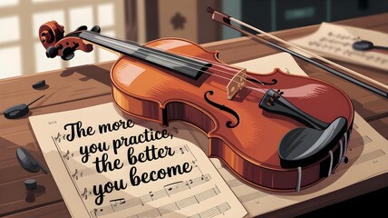 Fototapeta premium Violin with Motivational Quote – Practice Makes Perfect Music Concept