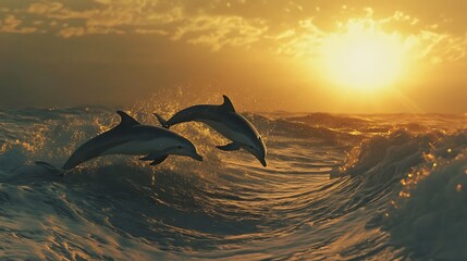 Fototapeta premium Dolphins leap at sunset