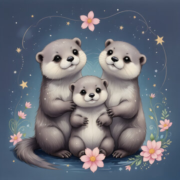Oter family, A blessed trio amongst pink flowers