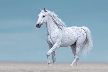 Majestic White Horse Galloping on Sandy Beach  Blue Sky Background