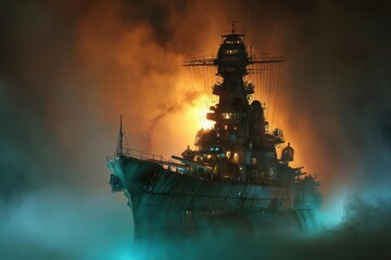Majestic battleship illuminated by fiery glow amidst foggy atmosphere at night