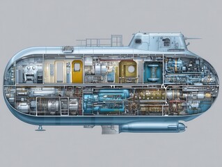 Detailed cross-section of a submarine showcasing internal components and machinery