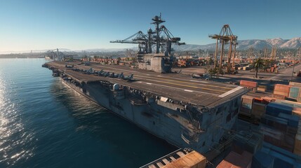 Aerial view of an aircraft carrier docked at a busy port with containers and cranes in background