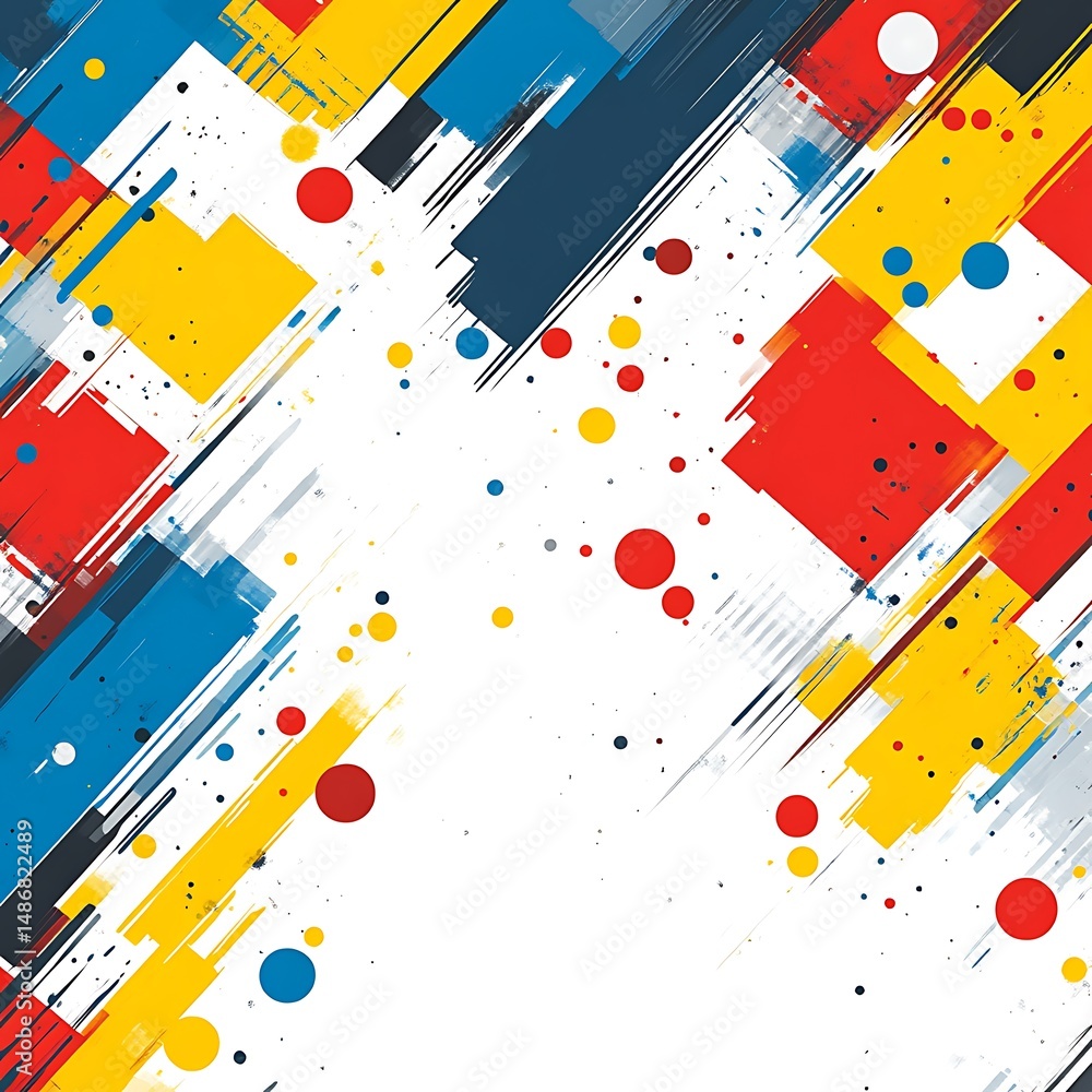 Poster abstract colorful geometric design with dynamic brushstrokes and scattered circles