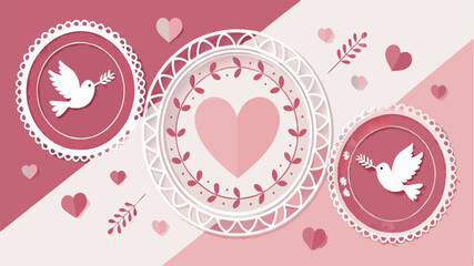 Naklejka premium Delicate pink and white heart-themed illustration with doves and floral accents.