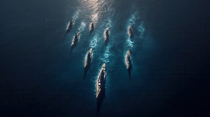 Aerial view of multiple boats navigating through calm blue waters, with sunlight reflecting
