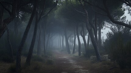 Mystical Path Through Foggy Forest, A Serene and Ethereal Landscape