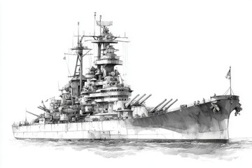Detailed illustration of a historic battleship sailing through calm waters, showcasing its grandeur
