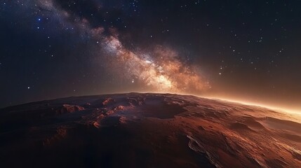 Majestic Martian Landscape Stunning Milky Way Galaxy Night Sky Orange Red Planet Surface Rocky Terrain Breathtaking Space Exploration Astronomy Science Fiction Digital   