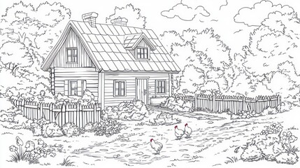 Black and white drawing of a country house with chickens
