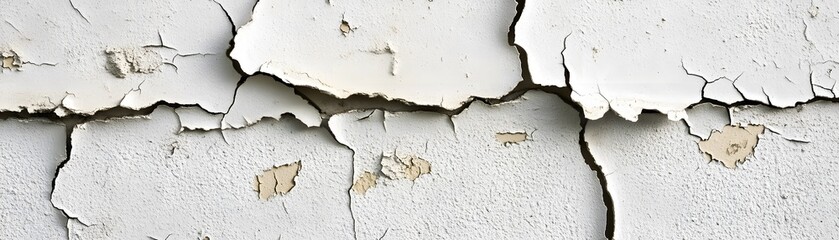 Closeup view of cracked and peeling white paint on a surface.