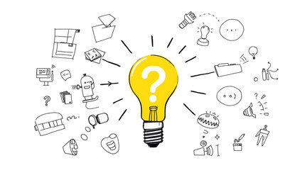 Problem-solving, brainstorming, and idea generation concept.  A central lightbulb with a question mark, surrounded by hand-drawn sketches of related concepts