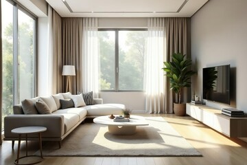 Obraz premium Clean, minimalist living room with simple furniture and decor Natural light floods the space , home decor, modern, serene
