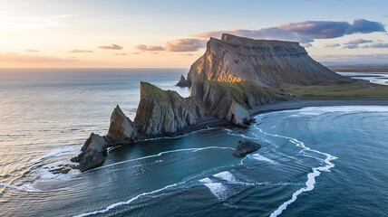 Aerial View of Dramatic Coastal Cliffs in Iceland During Golden Hour Light